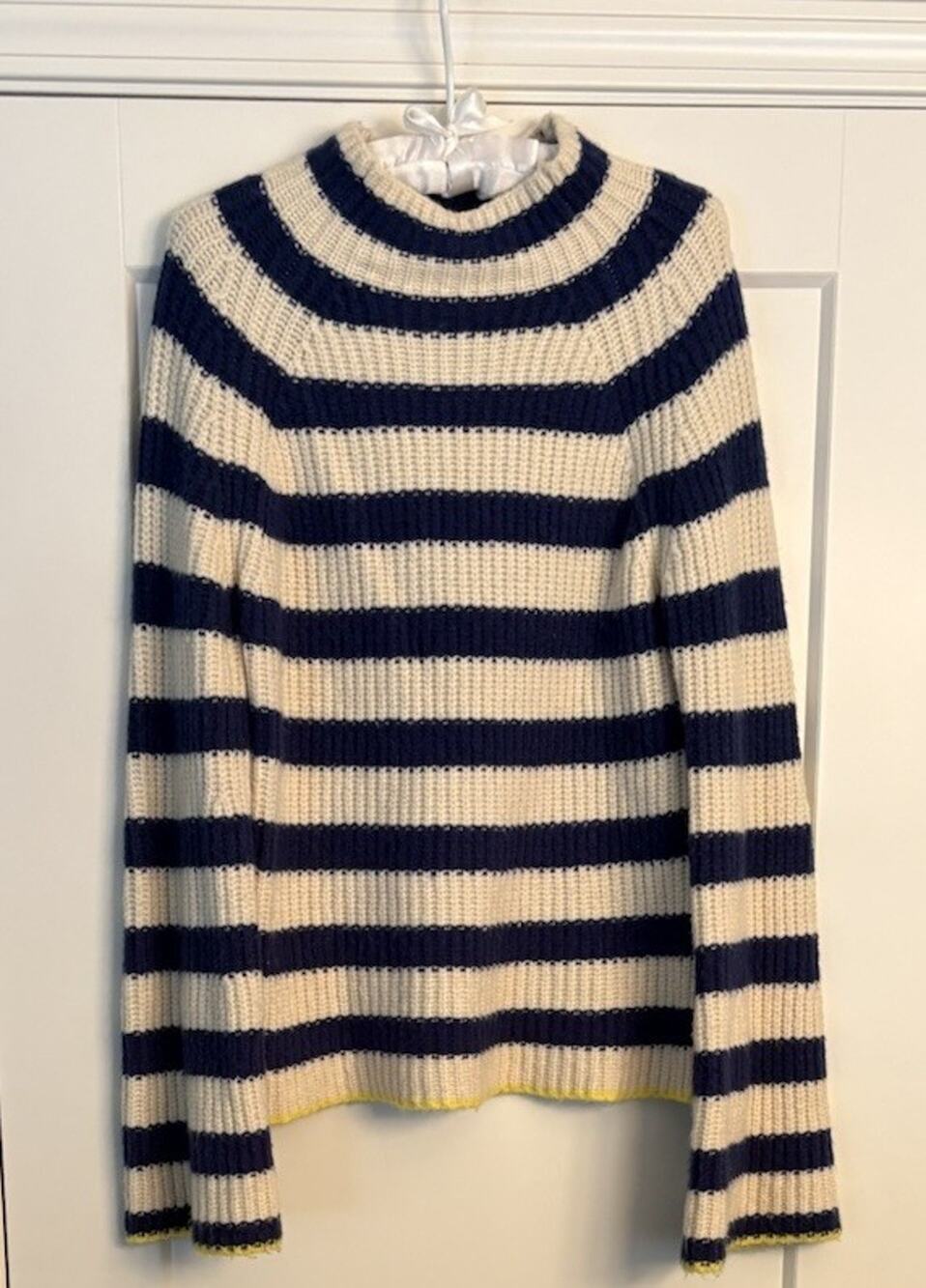 Anthropologie Maeve Sz M Blue/Cream Striped Mock Neck Sweater Wool Blend